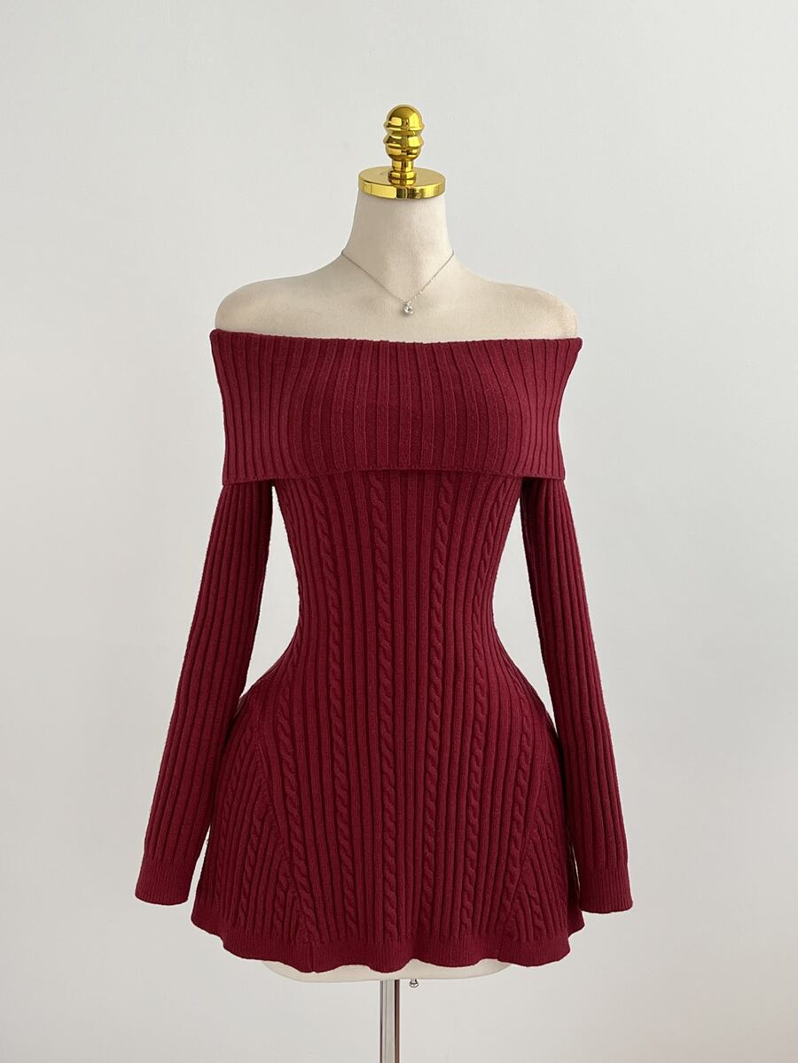 Elamini Minimalist Women's Autumn/Winter Red Long Sleeve Slim Fit Cable Knit Cold Shoulder Sweater Dress - Red - View 1