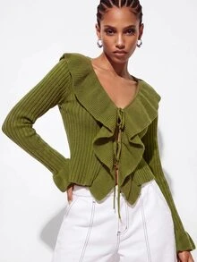 Aveloria GENKIRA Cardigan Slim Fit Crop Knit Large Ruffle Neck Double Tie Closure Bell Cuffs Modern Green Cardigan For Women Knit Fall Tops Crop Top Christmas - Green - View 3