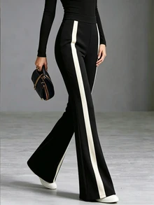 SHEIN 2026 Autumn/Winter High Waist Color Block Side Stripe Flare Pants For Daily Commute, Holiday Party, Country Style, Office, Sports And Fitness - Black - View 4