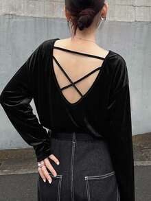 FRIFUL Women's Solid Color Casual Versatile Daily Long Sleeve Sweatshirt - Black - View 2