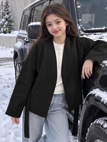 SHEIN 少女黑色V領繫帶中長款厚羊毛披風大衣（法式風），百搭單品，適合休閒街頭穿搭與各種場合，開學季、萬聖節、聖誕節必備，秋冬必穿造型 - 米色 - 查看 5
