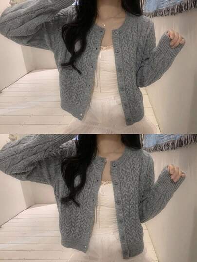 DAZY Women's Solid Color Twisted Knit Long Sleeve Round Neck Casual Vacation Korean Street Style Thick Cardigan Sweater, Autumn/Winter