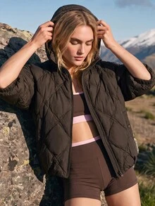 WanderVale Women's Quilted, Detachable Hood, Short Sleeve Batwing Sleeve Padded Coat, ,Brown, Diamond Stitch, Zip Up, Outdoor Fall Winter. - Coffee Brown - View 9