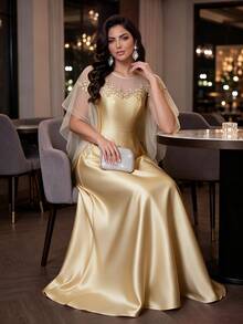 Auveirra Plus Size Women's Elegant Contrast Mesh Applique Dress - Gold - View 9