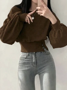 INAWLY Women's Solid Color Casual Versatile Daily Wear Long Sleeve Sweatshirt - Rust Brown - View 3