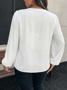 EMERY ROSE 大尺碼優雅米色長袖燈籠袖女式襯衫，適合正式晚餐、秋季復古休閒及多種場合 - 白色 - 查看 2