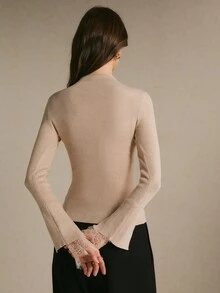 Poéselle Women's Lace Patchwork Casual Daily Long Sleeve Sweater - Apricot - View 2