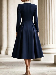 SHEIN Franclia Navy Blue Colorblock Notch V-Neck Long Sleeve Elegant Waist-Cinching Dress - Navy Blue - View 2