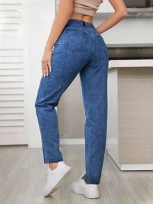 SHEIN Tall 女款高腰口袋修身休閒百搭牛仔褲 - 中等水洗藍 - 查看 5