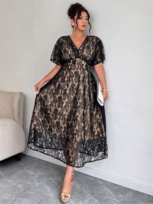 Elenzga 女款大尺碼春夏優雅婚禮派對宴會連身裙，V領、收腰、A字裙擺、蕾絲、純色、長裙 - 彩色 - 查看 3