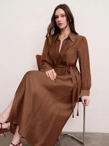Aveloria Modichic Commuter Design, Belt Waist Decoration, Fashionable Elegant Pleated Quilted Versatile Slimming Long Dress - Brown - View 7