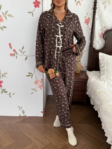 CottageSlumber French Vintage Ditsy Floral Pajama Set, Sweet Bow Decor Long Sleeve Plus Size Loungewear Set - Rust Brown - View 4