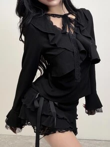 FRIFUL Women's Solid Color Pleated Casual Versatile Daily Long Sleeve T-Shirt - Black - View 1