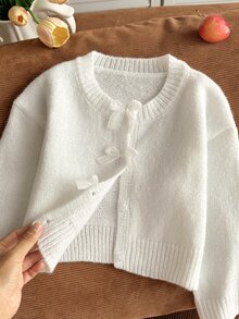 SHEIN 女童秋冬時尚手工蝴蝶結針織長袖開襟毛衣 - 白色 - 查看 3