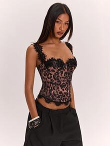 SHEIN BAE Women's Leopard Print Lace Patchwork Casual Daily Wear Top - Multicolor - View 4
