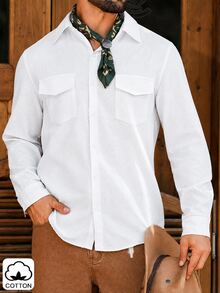 DREXORIN Men's Solid Color Long Sleeve Utility Pocket Casual Shirt - White - View 7