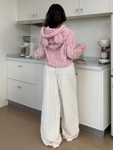 ZzzCrew Cute Ear Hooded Bow Embroidery Casual Comfortable Jacquard Plush Pajama Set 2 Pieces - Apricot - View 2
