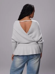 Rustia Plus Size Ribbed Waist Fashion Pullover Sweater - Light Grey - View 2