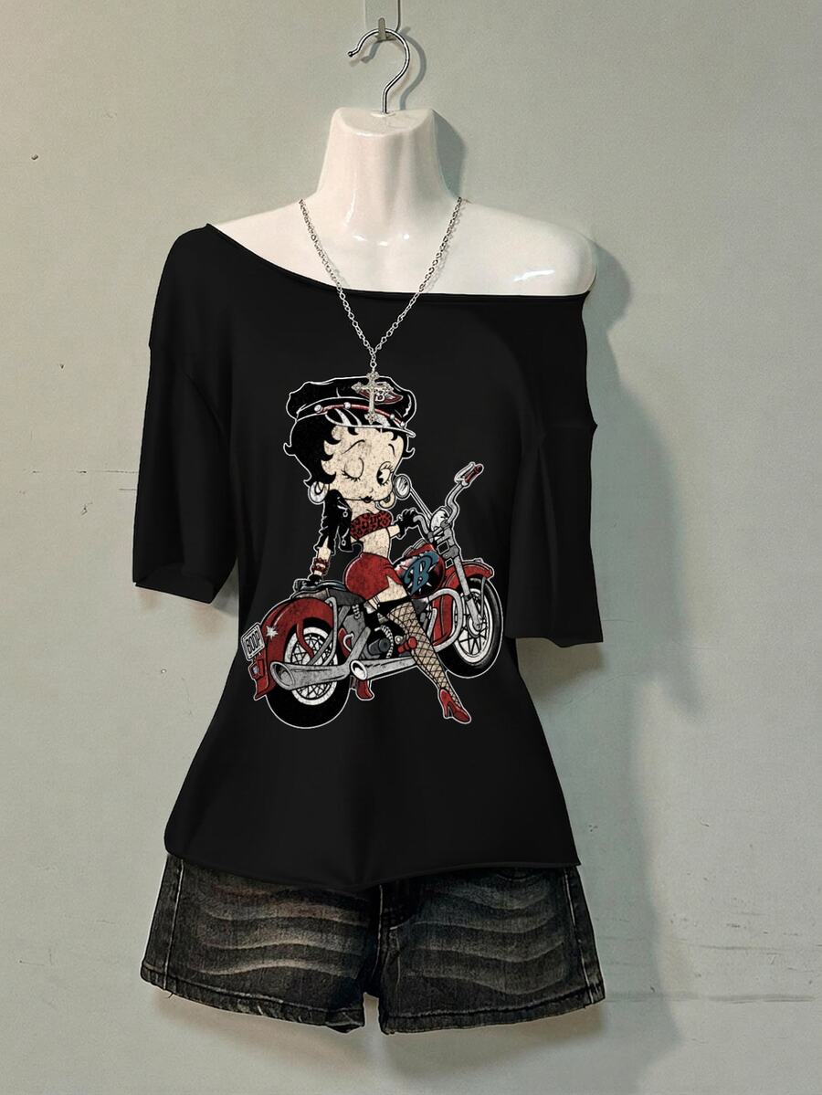 Attitoon Betty Boop x SHEIN Women's Cartoon Print Asymmetrical Shoulder T-Shirt Street Beach Vacation - Black - View 1