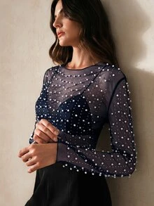 Anewsta Women's Mesh Sheer Long Sleeve Top, Summer - Navy Blue - View 6