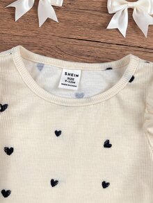 SHEIN Baby Girl Heart Print Round Neck Gigot Sleeve Casual Top - Khaki - View 3