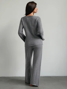 Livesso Women's Solid Color Long Sleeve Top And Pants Casual Daily Loungewear Set - Grey - View 2