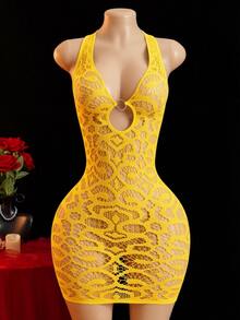 ChaseTheNight Women's Sexy Hollow Out Sheer Halter Neck Deep V-Neck Tight High Elastic Short Mesh Dress, 1pc Night Lounge Fall - Yellow - View 1