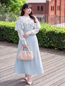 Bijouette Japanese Style Fresh Floral Plus Size Cold Shoulder Dress, Double Layer Ruffle Cut-Out Shoulder Design, Gentle And Slimming, Back Tie Waist Design To Shape Body, Flattering For Figures To Hide Belly And Hips, Light Blue Solid Color Full Skirt With Soft Drape, Suitable For Daily Wear, Dating, Travel And Commuting, Skin-Friendly And Comfortable Long Dress For Girls - Blue and White - View 8