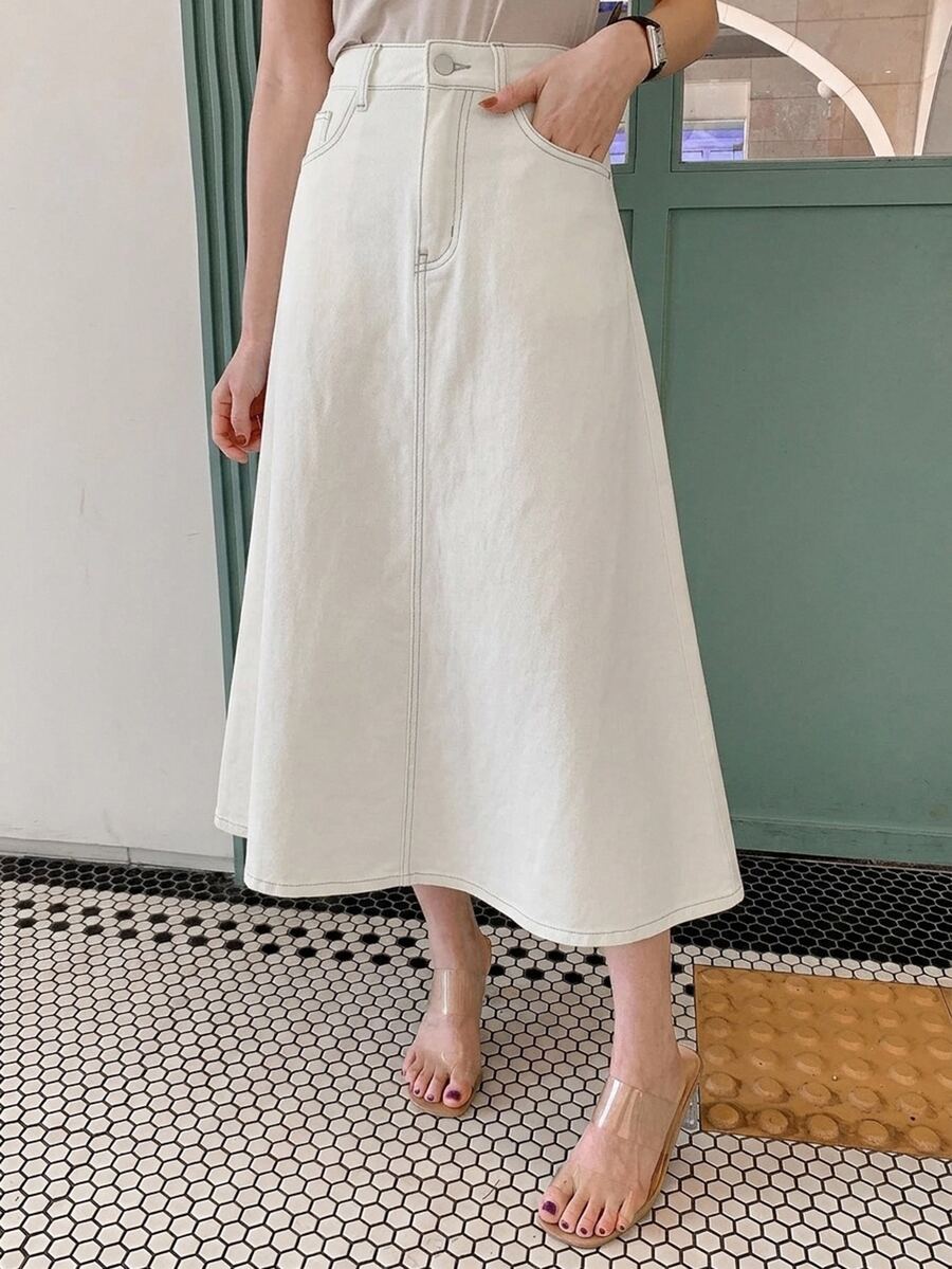 DAZY Solid Color Slit Denim Skirt For Women - White - View 1