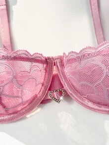 PetitDoll 1pc Pink Underwire Lace Bra, Sexy Style For Women - Pink - View 3