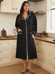 Doze Lane Contrast Trim Plus Size Women's Button-Front Casual Open-Front Loungewear Robe - Black - View 4