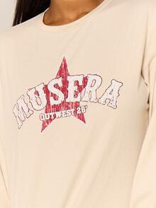 MUSERA 白色圖形 Logo 細節長袖上衣 冬季休閒日常舒適穿搭 女款酷白色上衣 - 杏色 - 查看 6