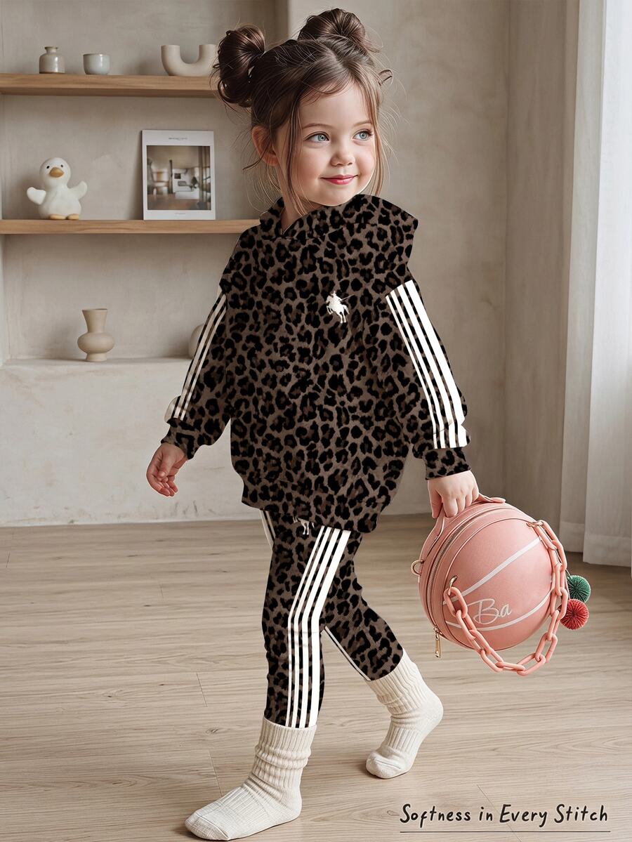 Young Girl Leopard Print Rider Pattern Casual Long Sleeve Hoodie And Leggings 2 Pieces Set, Suitable For Autumn/Winter - Multicolor - View 1