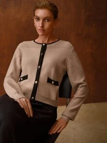 MOTF PREMIUM WOMEN'S COLORBLOCK LONG SLEEVE SINGLE-BREASTED CASUAL KNIT CARDIGAN - Khaki - View 2