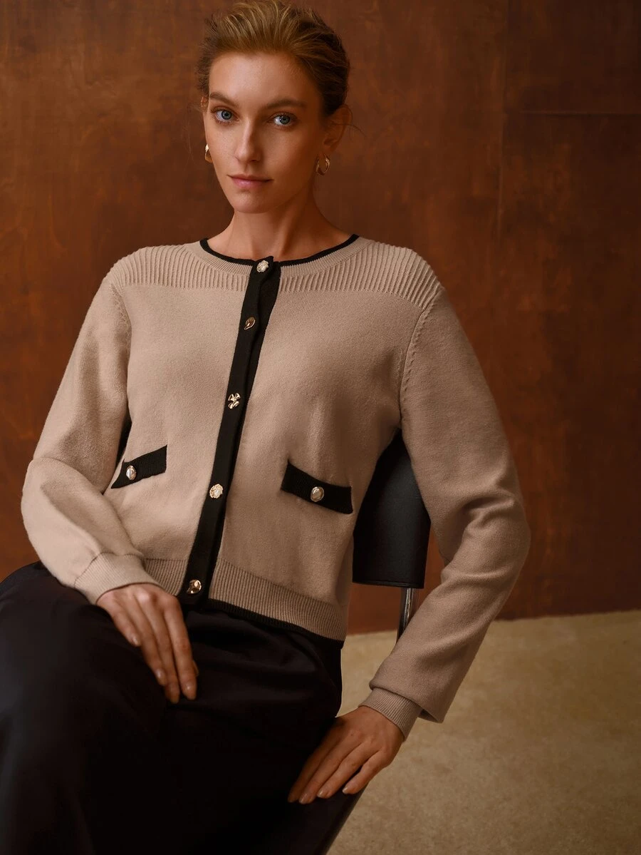 MOTF PREMIUM WOMEN'S COLORBLOCK LONG SLEEVE SINGLE-BREASTED CASUAL KNIT CARDIGAN - Khaki - View 2