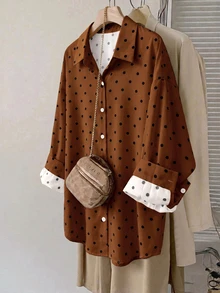 SHEIN LUNE 大尺碼女款波點圖案長袖單排扣休閒襯衫 - 彩色 - 查看 1