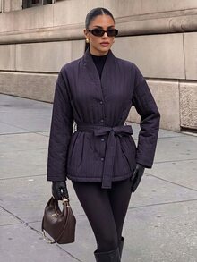 Firerie Cozy Women Winter Coat Designed With Vertical Quilted Patterns Long Sleeves And An Adjustable Waist Belt For Daily Wear Outfits - Purple - View 3