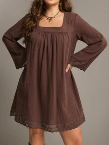Freevana Plus Size Women Solid Color Ruched Square Neck Casual Daily Summer Long Sleeve Dress - Coffee Brown - View 5