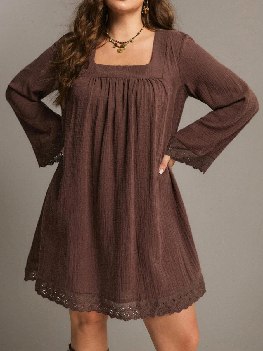 Freevana Plus Size Women Solid Color Ruched Square Neck Casual Daily Summer Long Sleeve Dress - Coffee Brown - View 1