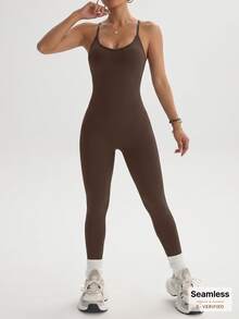 SHEIN Dewbera Athletic Tight Sleeveless Jumpsuit - Brown - View 5