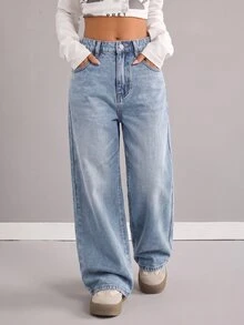 SHEIN 兒童青少年女孩棕色牛仔寬鬆寬腿褲 Y2K 秋冬休閒返校穿搭 萬聖節新年棕色長褲 - 淺色水洗藍 - 查看 4
