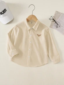 SHEIN 男童小男孩夏季秋季休閒百搭小學中學白色校服襯衫上衣 正式襯衫 - 卡其色 - 查看 3