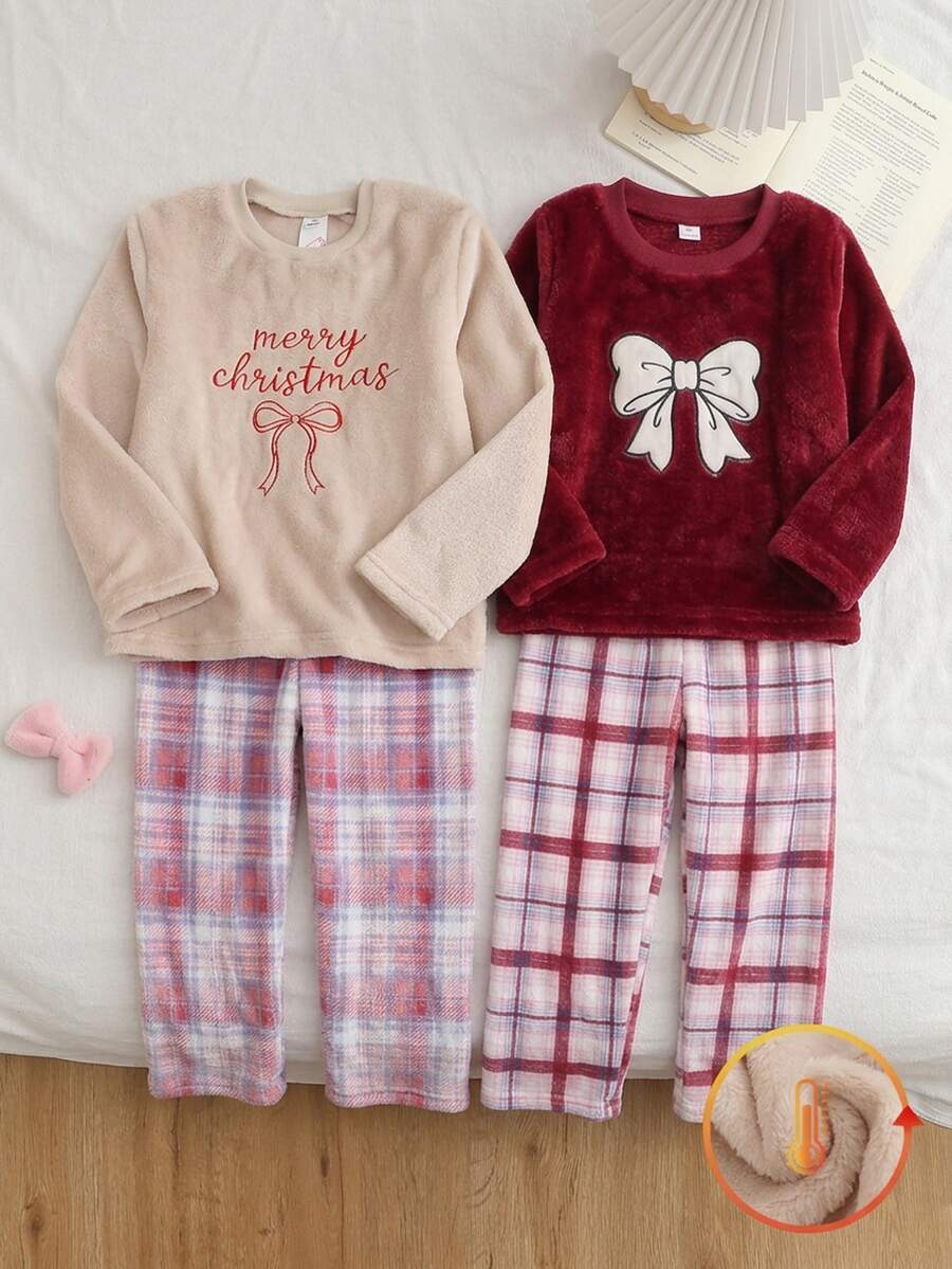 Tween女孩居家服長袖上衣與長褲套裝,韓系時尚風,藍色毛絨上衣,全蝴蝶結印花毛絨長褲,冬季款 - 彩色 - 查看 1