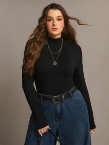 Freevana Atasan Lapisan Dasar Pas Badan Lengan Panjang Kerah Tinggi Hitam Minimalis Kasual Ukuran Plus, Serbaguna untuk Sehari-hari di Musim Gugur/Dingin - Hitam - View 6