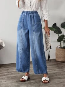 SHEIN Tall Women's Elastic Waist Pocket Casual Everyday Denim Jeans - Blue - View 4