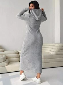 Solflare Autumn/Winter Casual Versatile Light Gray Plus Size Women's Drawstring Hooded Dress - Light Grey - View 2