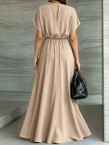 Weeklong Plus Size Women Spring Summer Lace Patchwork Contrast Color Waist-Cinching A-Line Casual Vacation Dress - Khaki - View 2
