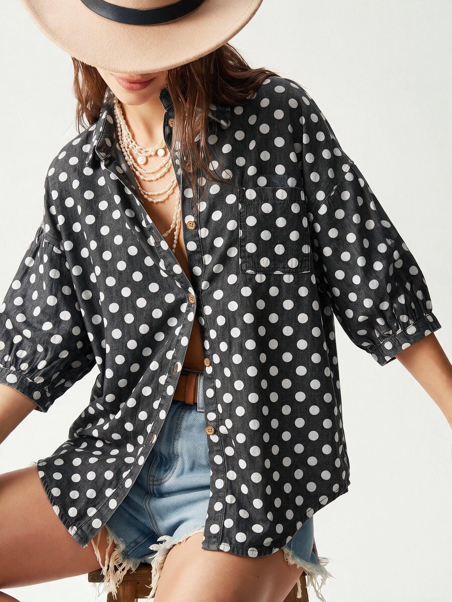 Bohemela Kemeja Wanita Kasual Denim Polkadot Lengan Pendek Longgar Warna Washed - Hitam dan Putih - View 1