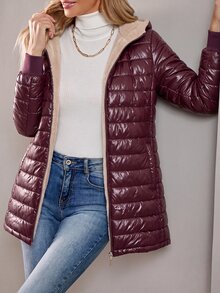 Aveloria Modichic 女款純色長袖拉鍊連帽抓絨休閒加厚棉服外套，冬季保暖衣物 - 中紫紅色 - 查看 5