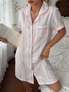 CottageSlumber Women's Romantic Ditsy Floral Short Sleeve Lapel Nightgown - Multicolor - View 6